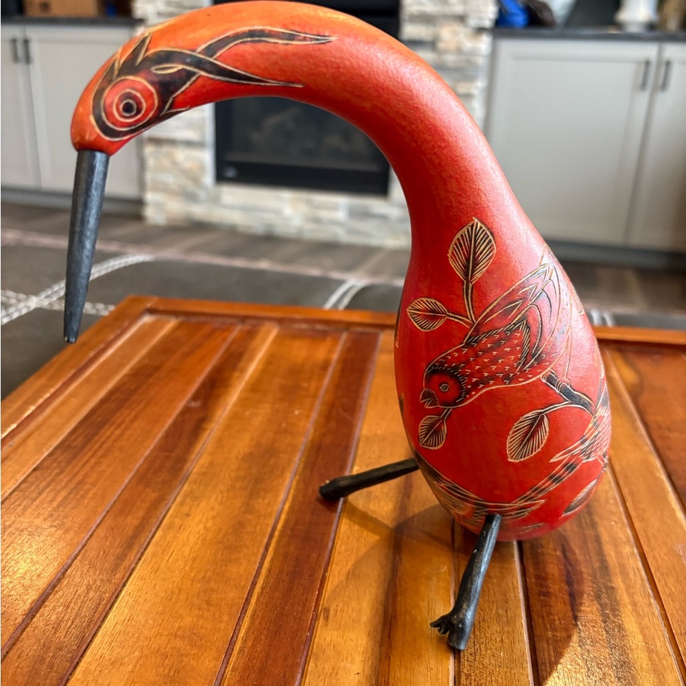 Rare Vintage Peruvian Folk Art Carved Gourd Bird Statue Hand Painted